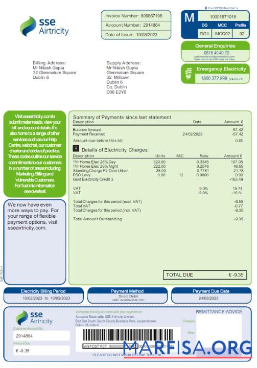 Printable AUSTRALIA SSE AIRTRICITY utility bill Word and PDF template